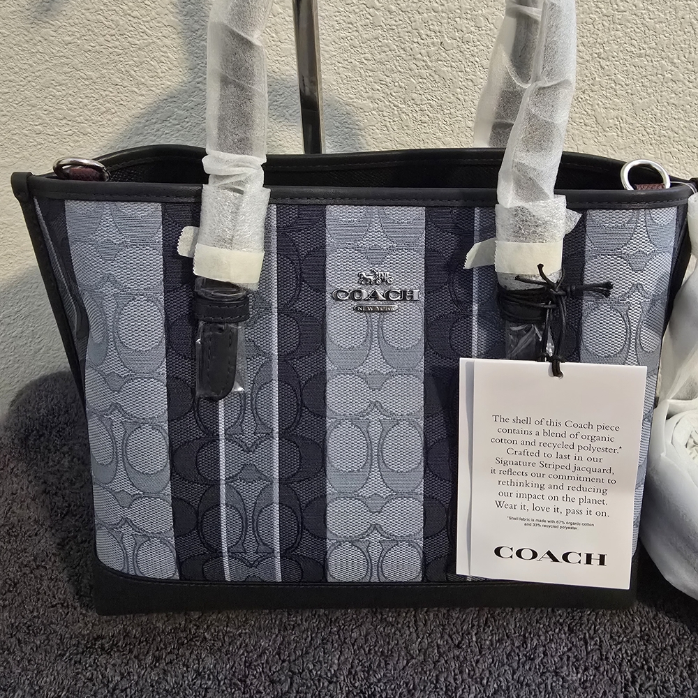 NWT COACH C8416 Mollie Tote Bag 25 Midnight Multicolor Blue Jacquard Stripe